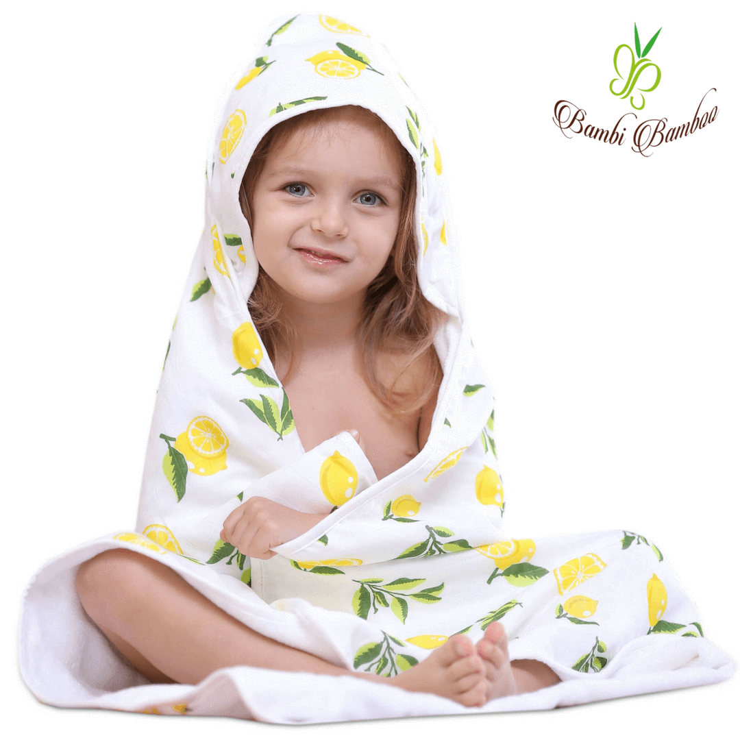 Baby Hooded Towel, Muslin-Backed, Buttery Soft Terry, Lemon Print