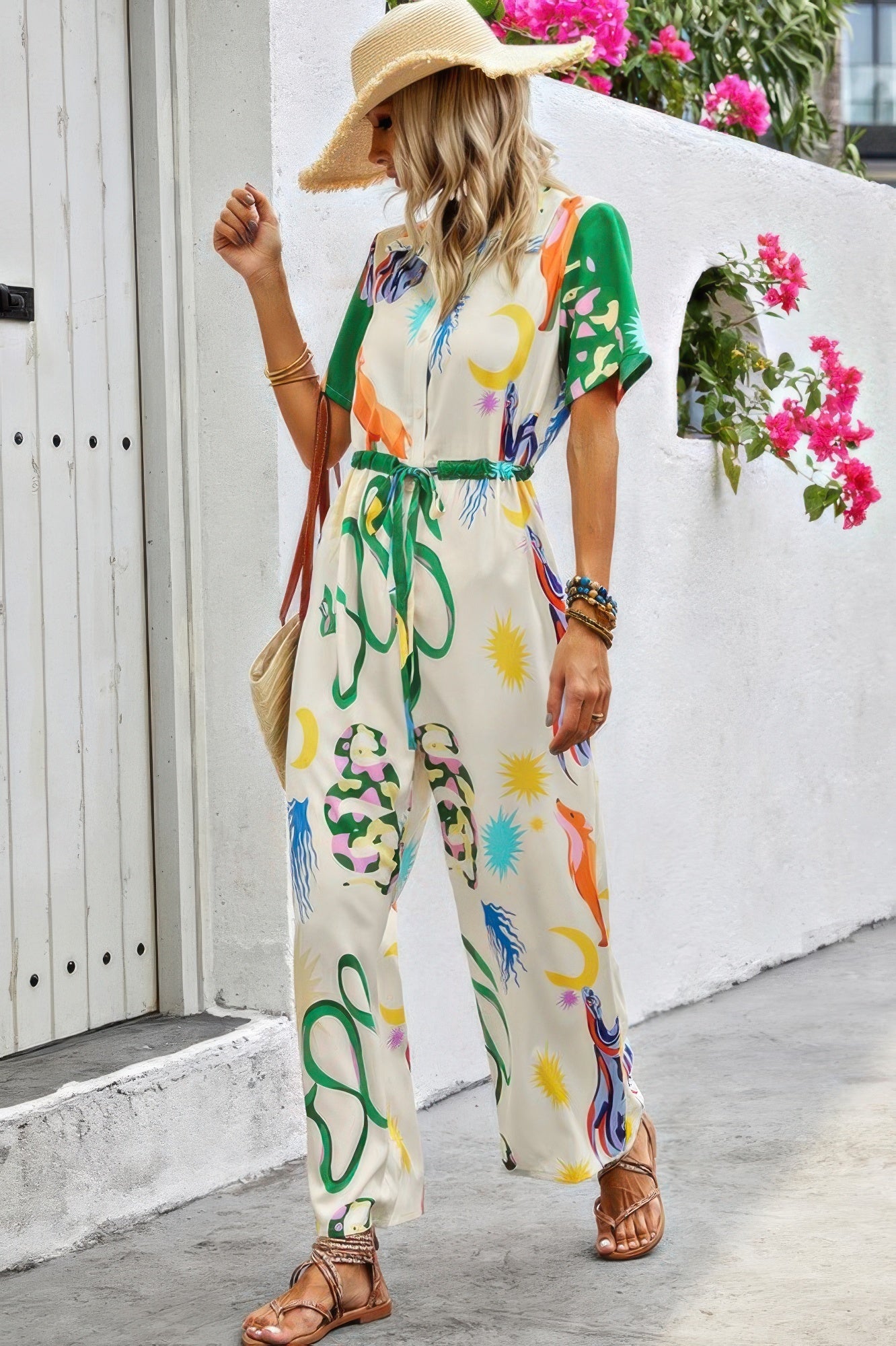 Allover Print Button Up Belt Jumpsuit