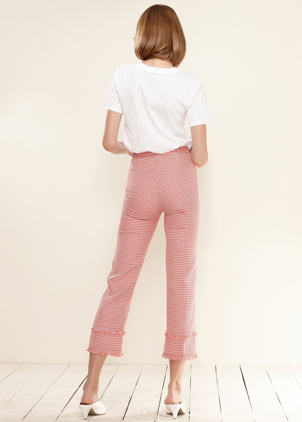 Women's Fringe Trim Slit Hem Gingham Pants in Red Gingham