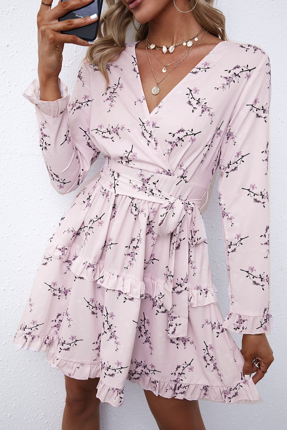 Pink Floral Print Ruffle Hemline Wrap Mini Dress