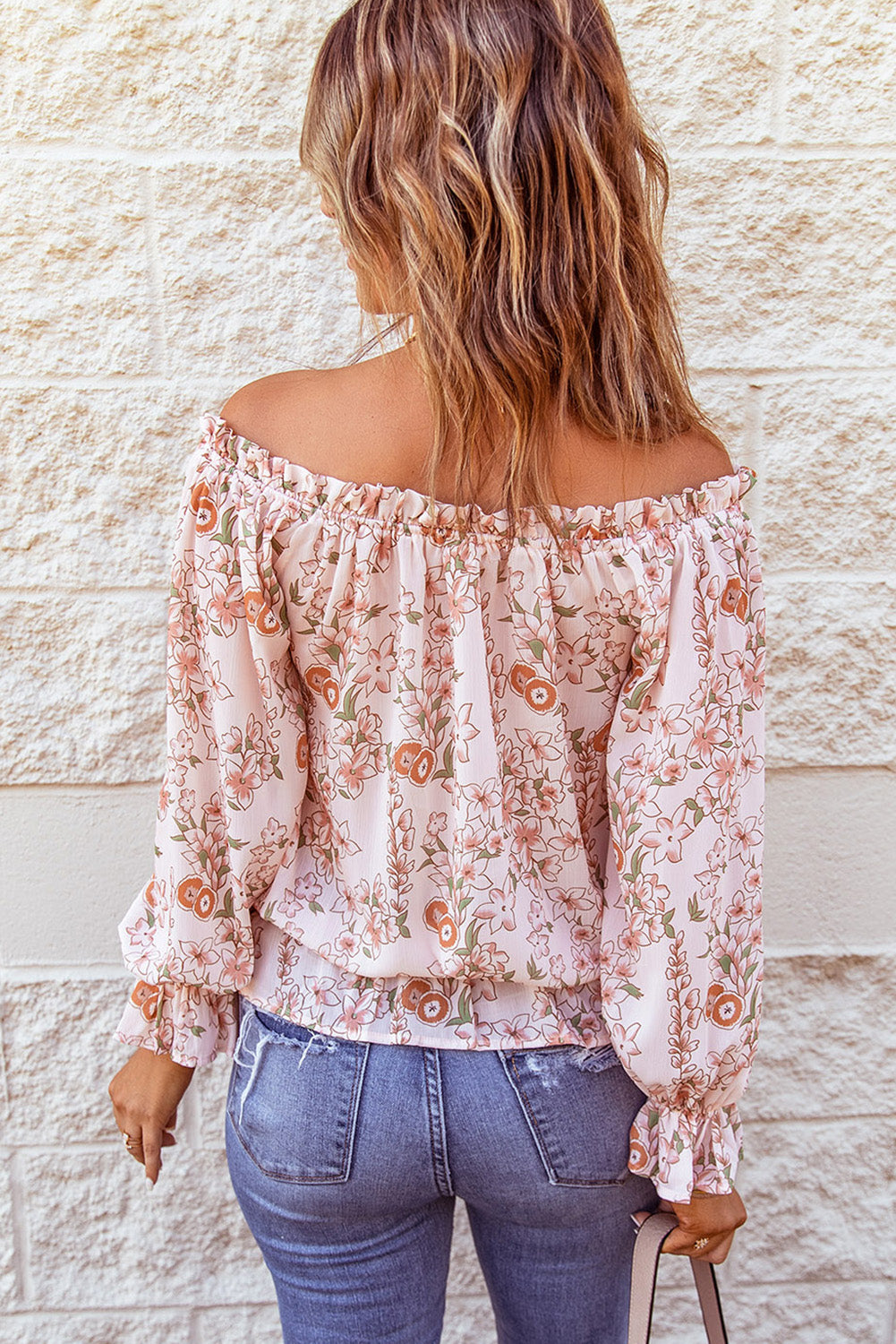Pink Off The Shoulder Puff Sleeve Ruffled Floral Print Blouse