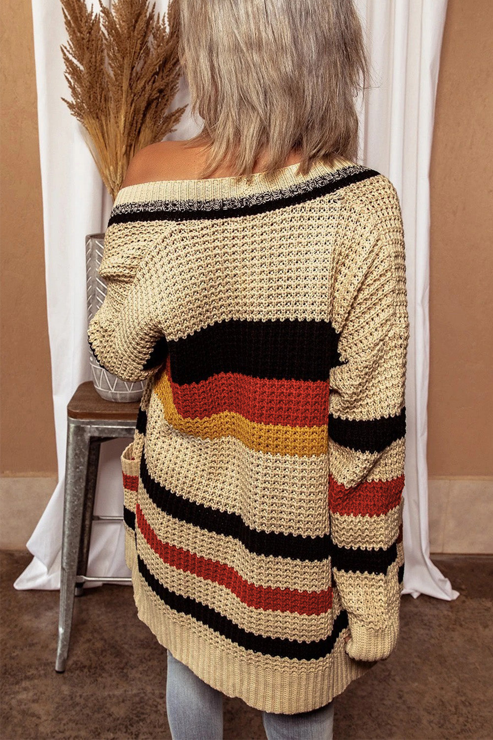 Color Block Open Front Pocket Knit Cardigan