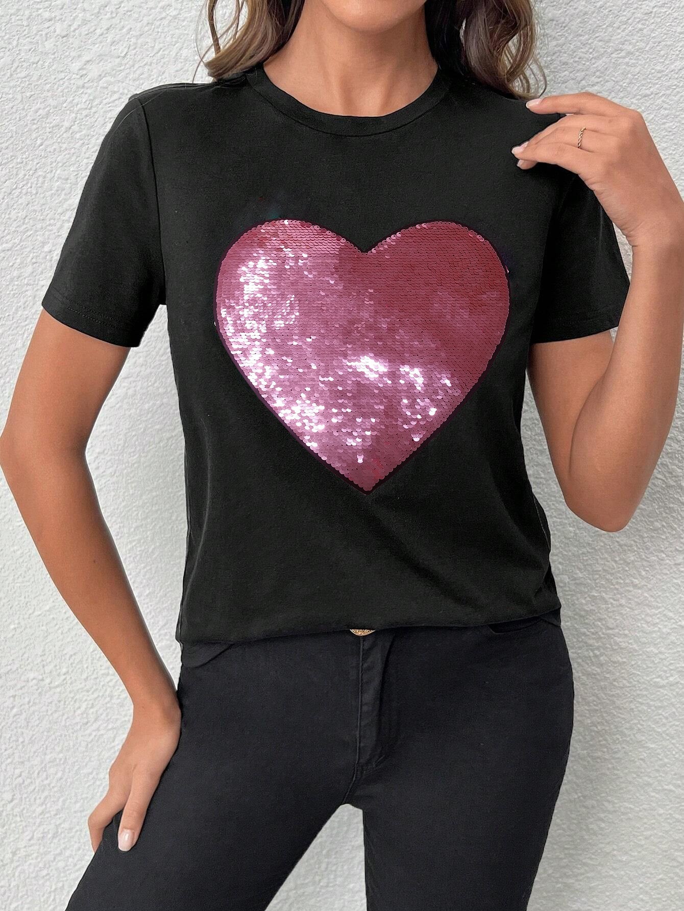Black Valentine Sequin Heart Shaped Crew Neck T Shirt
