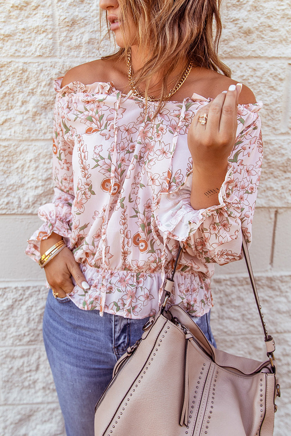 Pink Off The Shoulder Puff Sleeve Ruffled Floral Print Blouse
