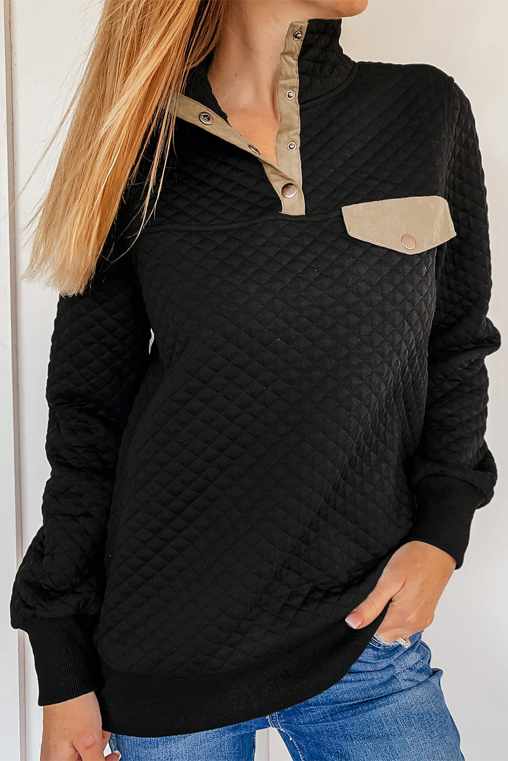 Gray Quilted Snaps Stand Neck Pullover Sweatshirt with Fake Front Pock