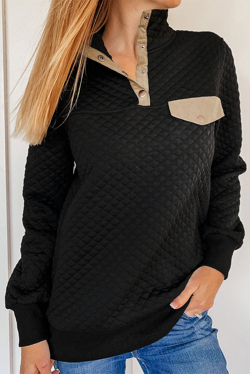 Gray Quilted Snaps Stand Neck Pullover Sweatshirt with Fake Front Pock