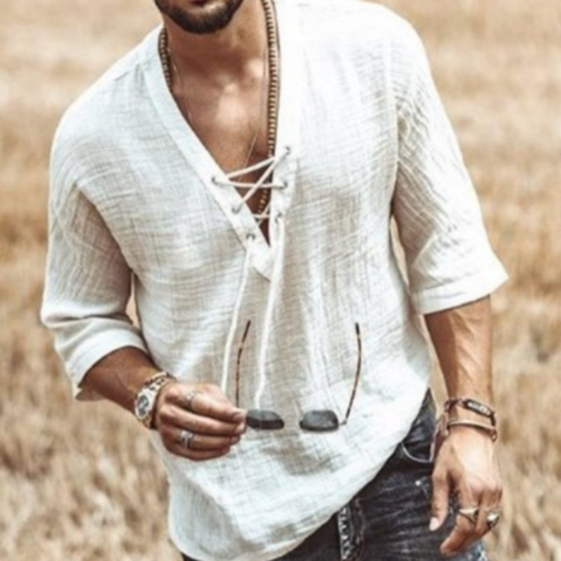 Men’s Lace-Up Linen Shirt – Casual Vintage Look, Short Sleeves