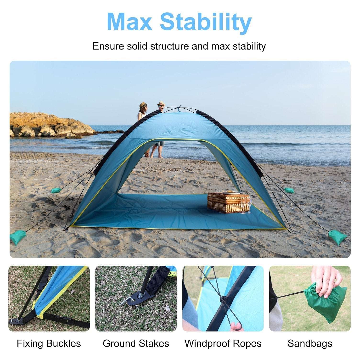 1Pc 4-6 Person Beach Tent Canopy  With 3 Door Openings Carry Bag UPF50