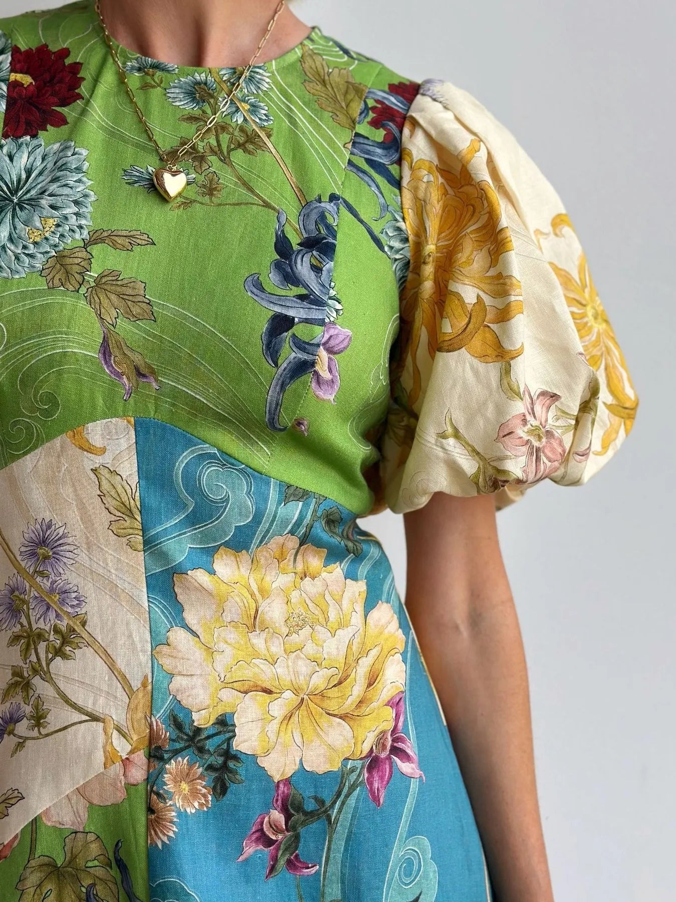 Printed Round Neck Puff Sleeve Dress