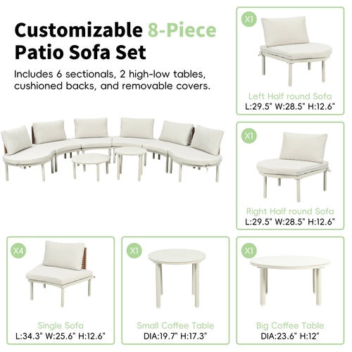 8-Piece Patio Sofa Furniture Set, Half Moon Outdoor Sectional Sofa