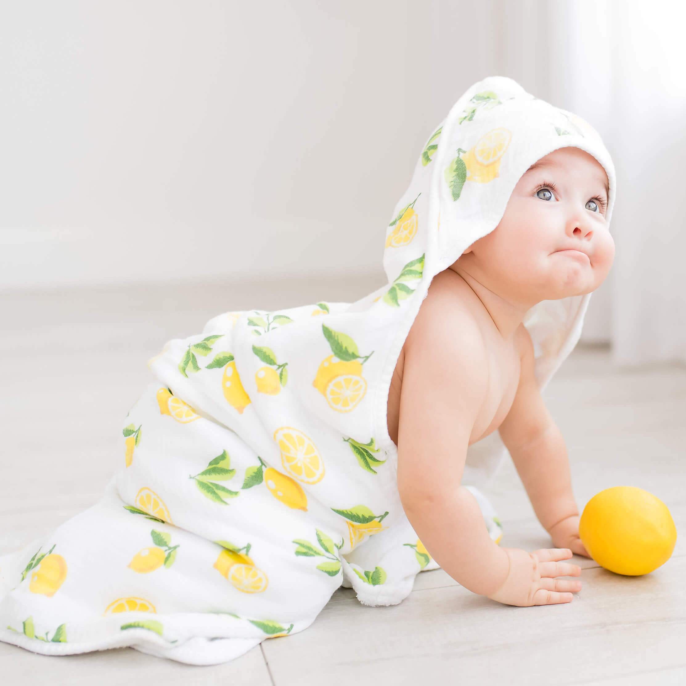 Baby Hooded Towel, Muslin-Backed, Buttery Soft Terry, Lemon Print