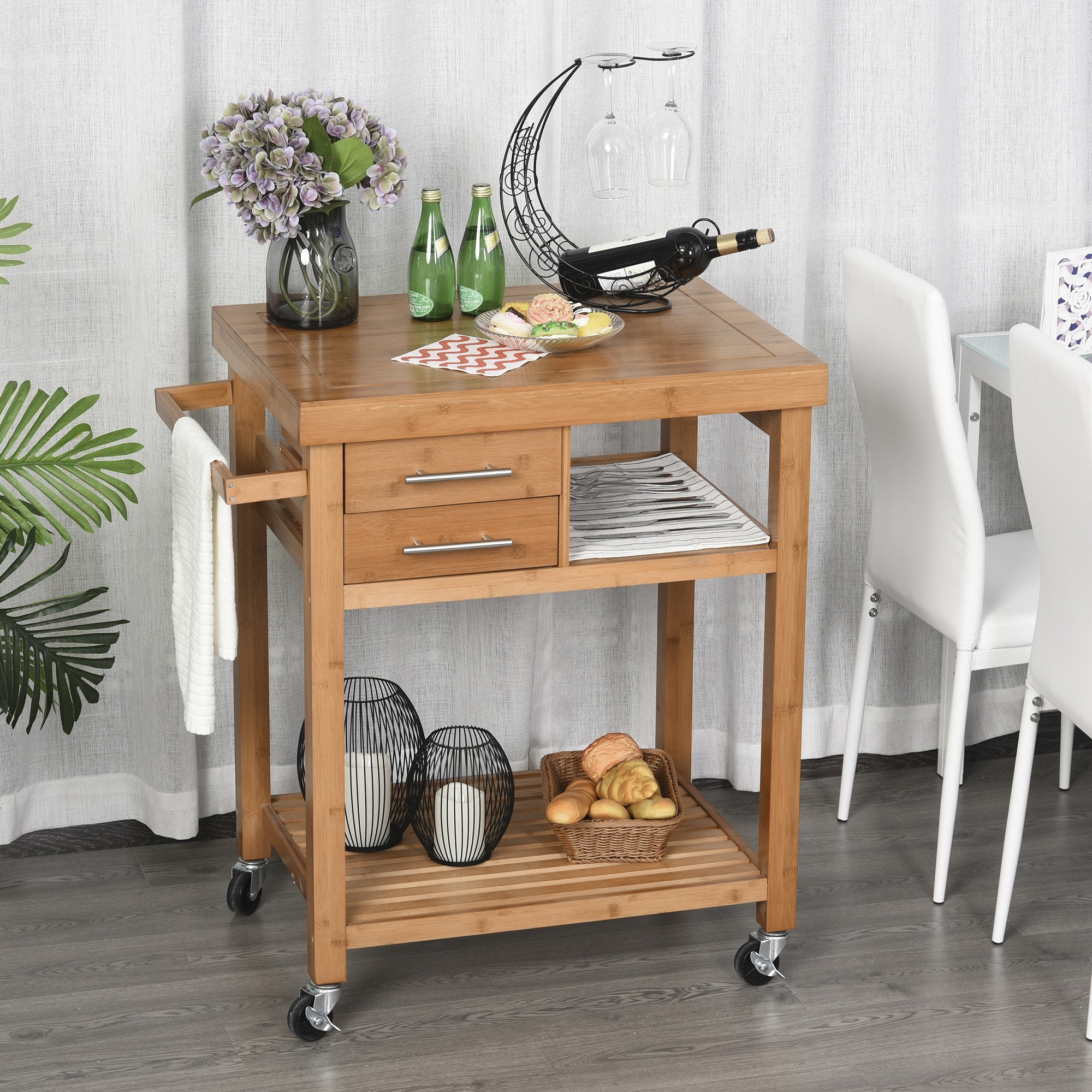 HOMCOM Bamboo Rolling Kitchen Island Trolley with Drawers & Shelves
