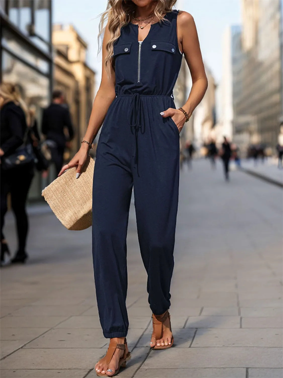 Drawstring Waist Sleeveless Jumpsuit