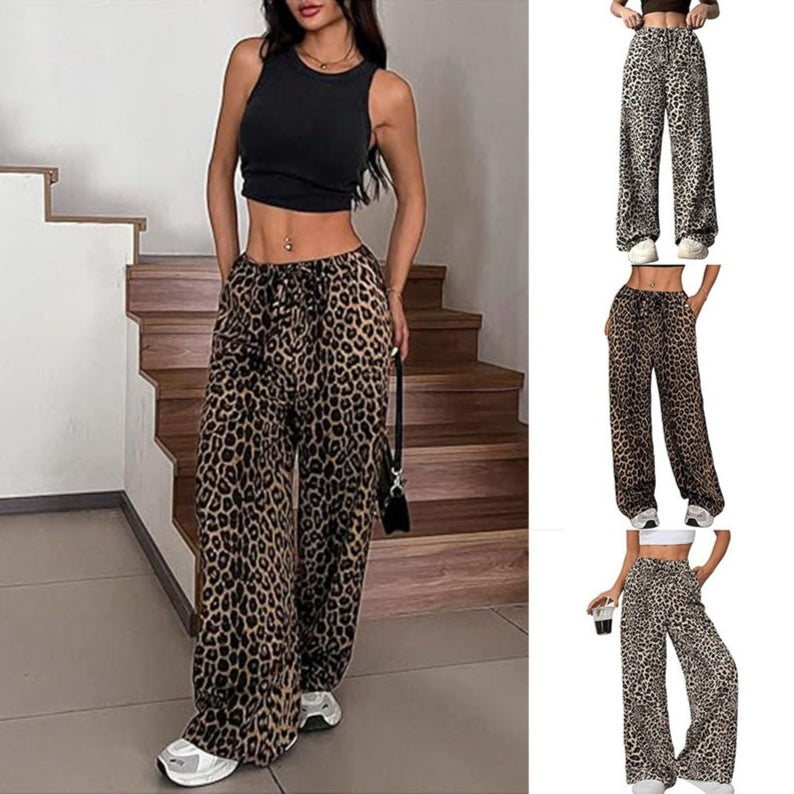 Women's Casual Leopard Print High Waisted Wide-Leg Pants Elegant