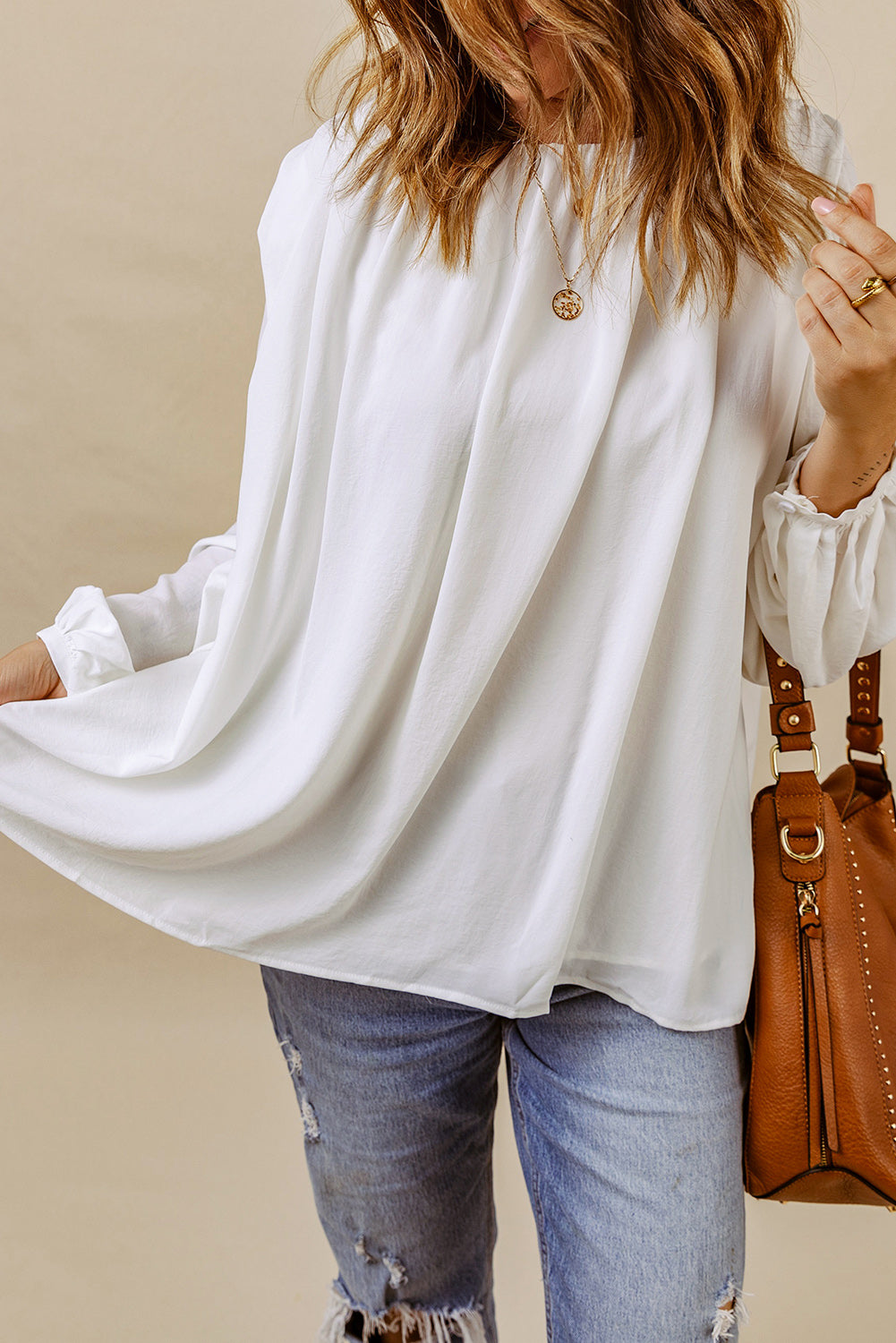 White Crew Neck Billowy Sleeve Blouse