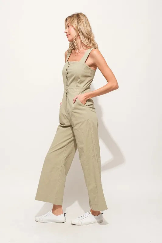 And The Why Square Neck Button Down Cropped Wide Leg Jumpsuit