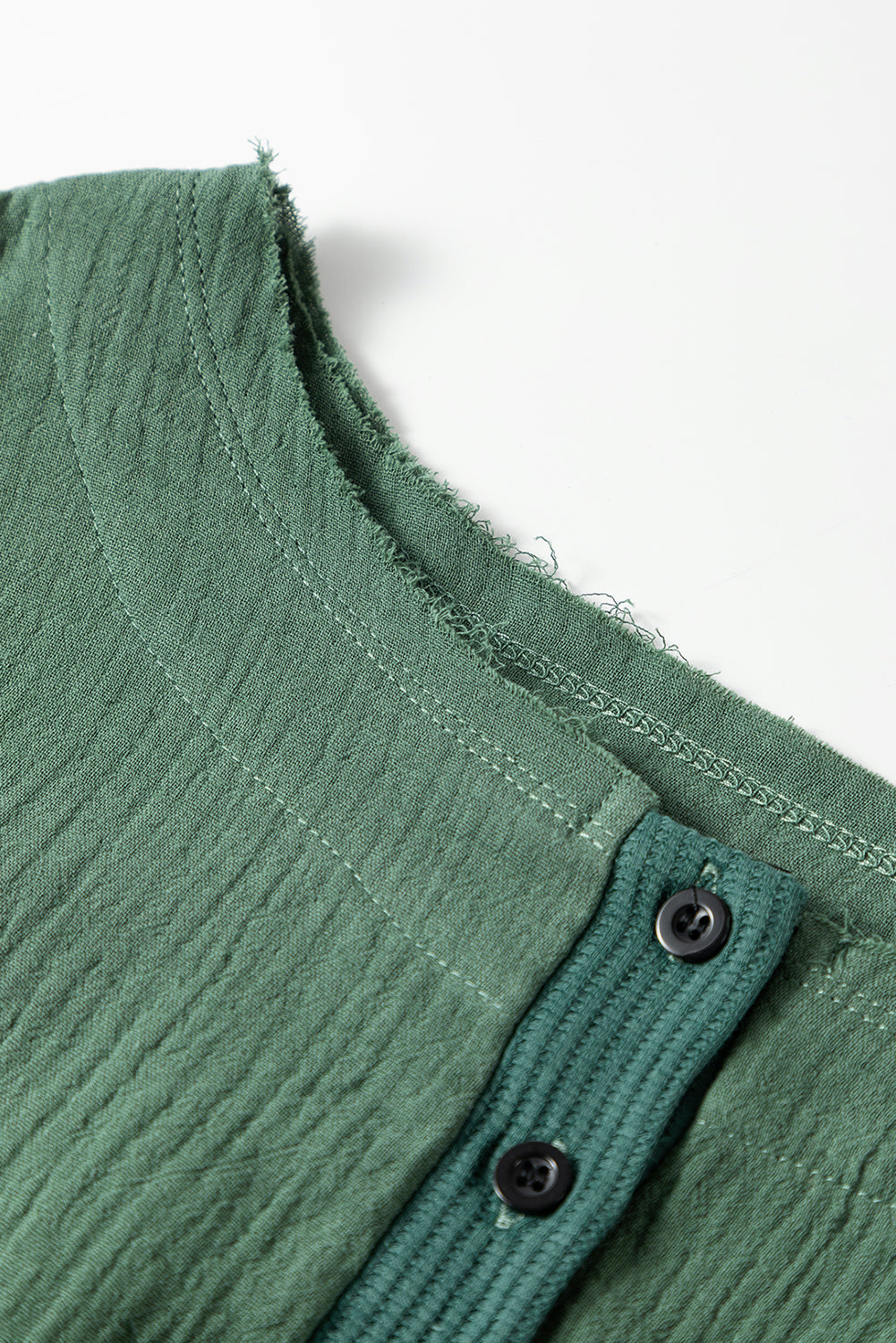 Green Textured Waffle Knit Patchwork Buttoned Neck Loose Blouse