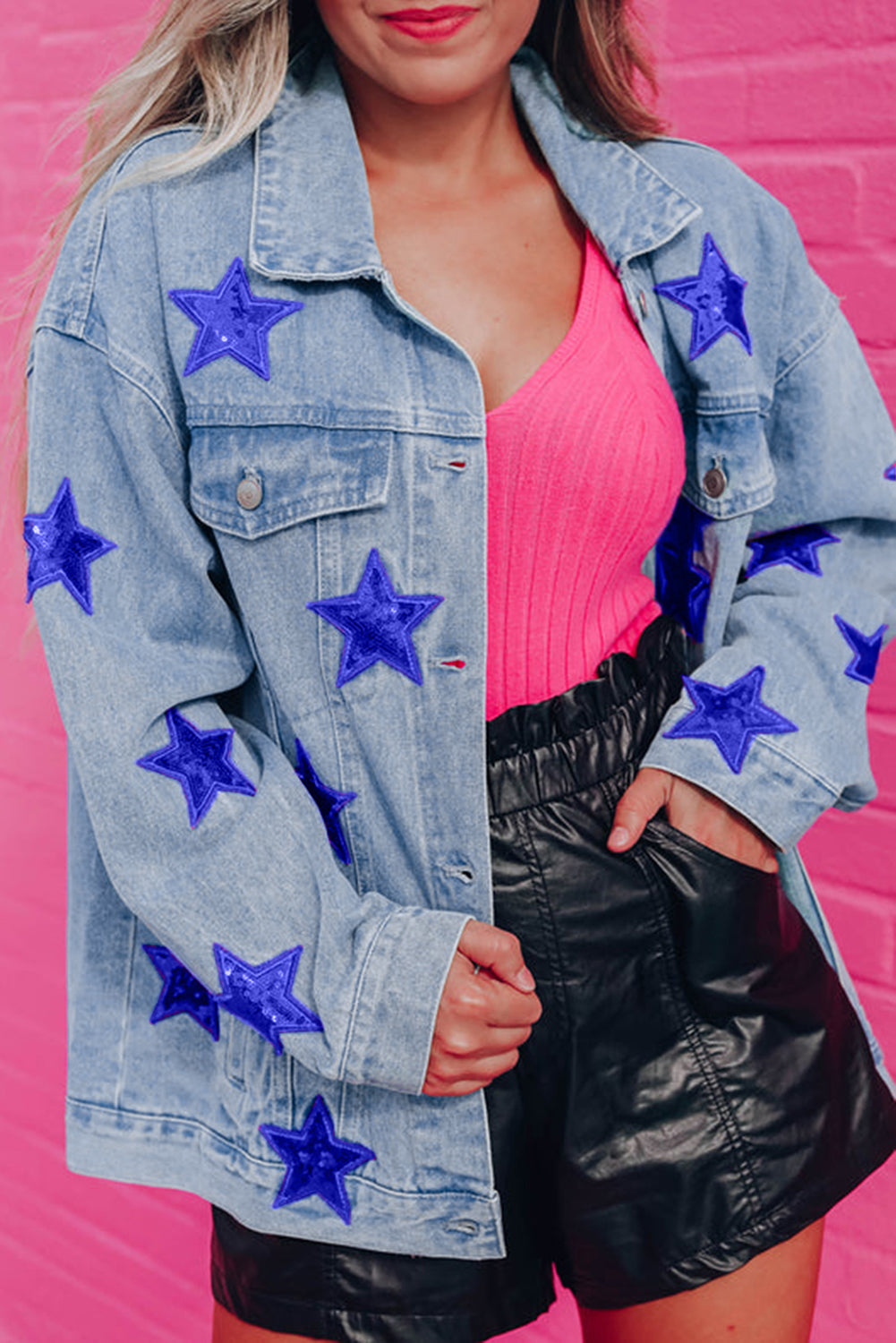 Light Blue Sequin Star Flap Pocket Denim Jacket
