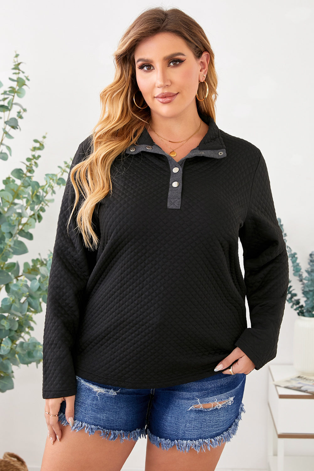 Black Plus Size Quilted Button Up Henley Sweatshirt
