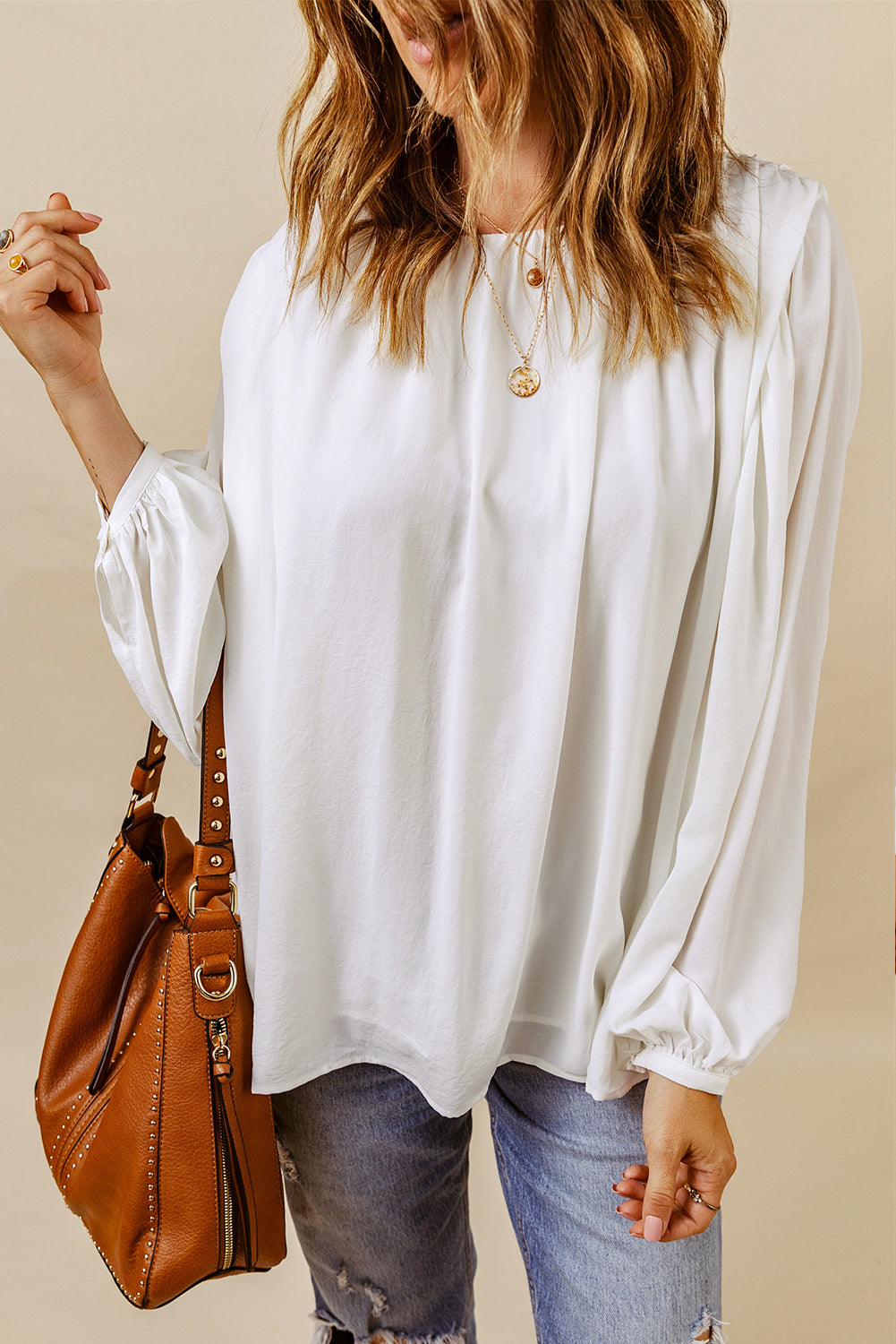 White Crew Neck Billowy Sleeve Blouse