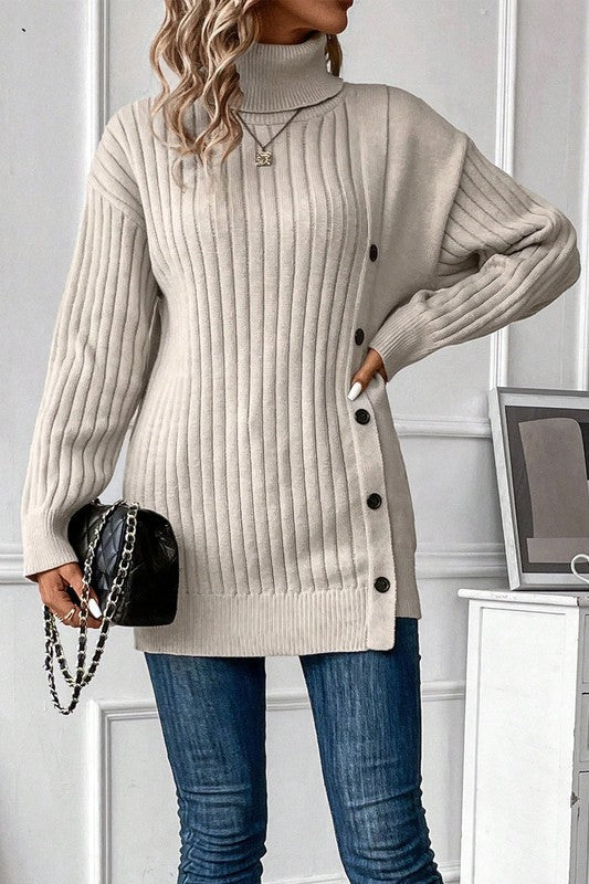 Turtle Neck Button Down Decor Pullover Sweater