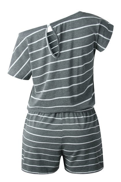 Striped Short Sleeve Drawstring Waist Romper