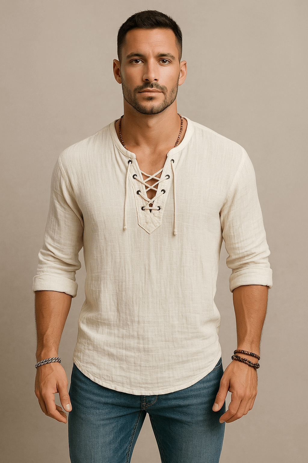 Men’s Lace-Up Linen Shirt – Casual Vintage Look, Short Sleeves