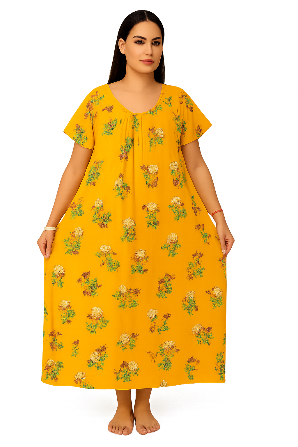 Women's Floral Printed Cotton Nighty Yellow Short Sleeve
