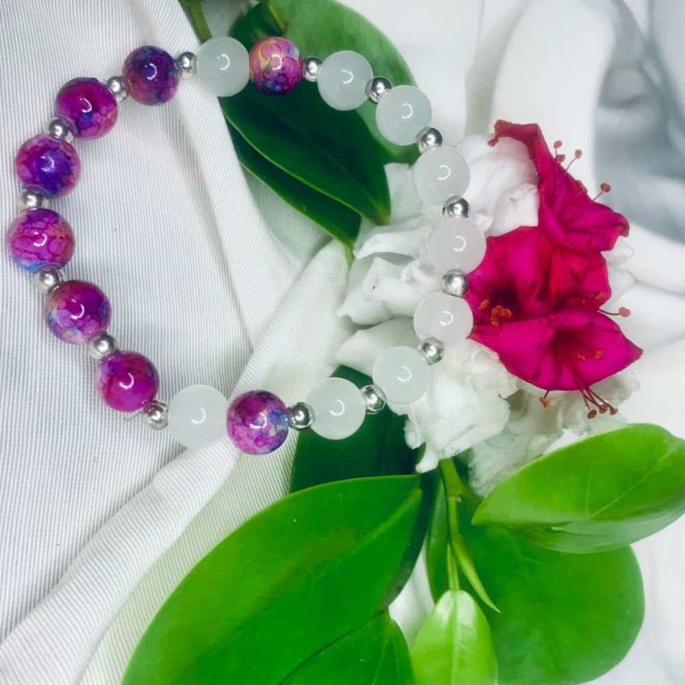 White and Purple Stone Bracelet with Silver Spacers, Stretch Bracelet