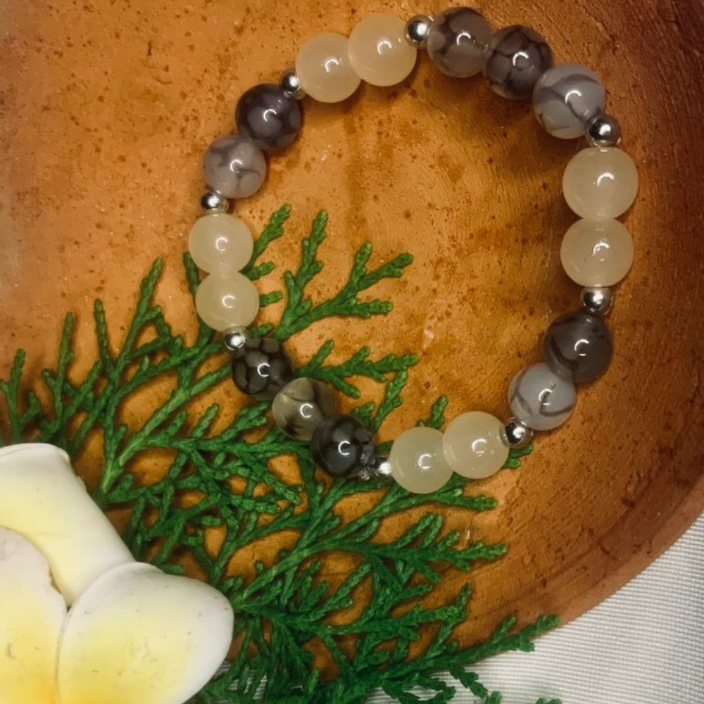 Agate Gemstone Beaded Bracelet Gray White Stone Silver Spacers