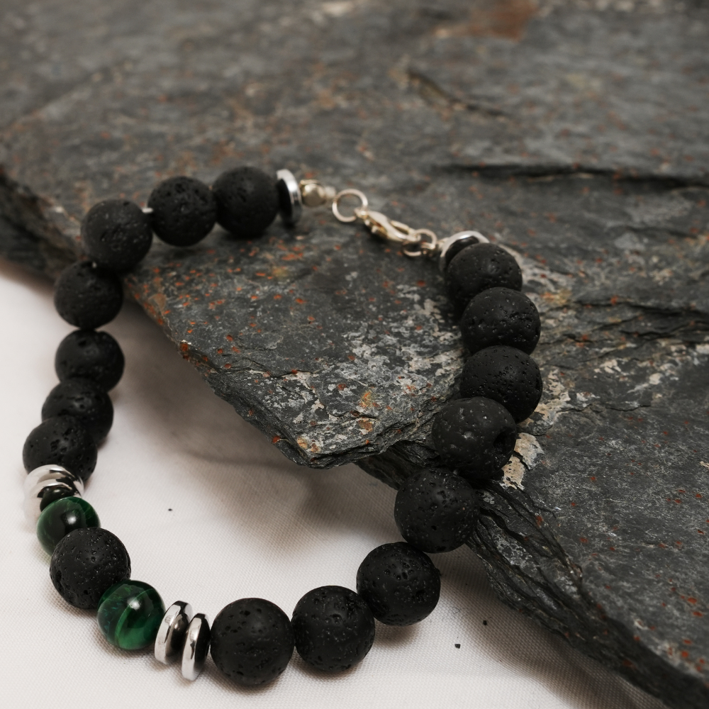 Handmade Lava Stone Bracelet for Men with Green Tiger Eye