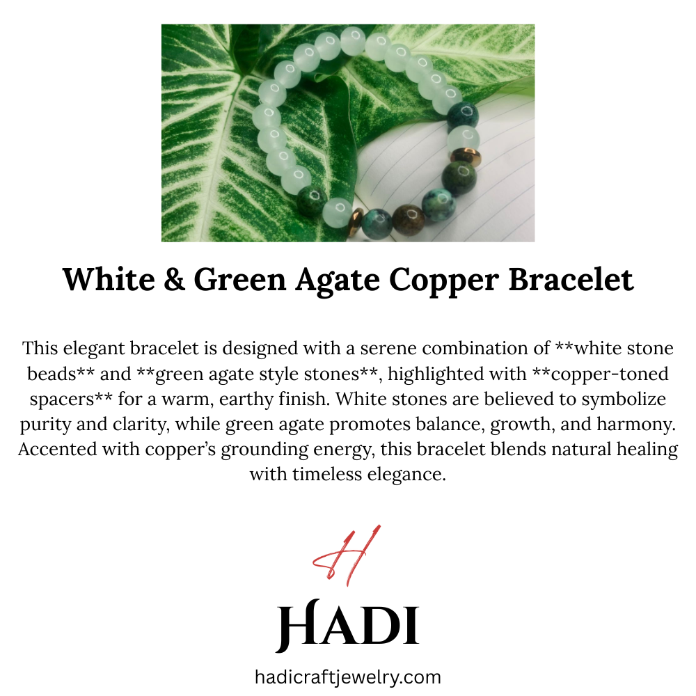 Green and White Agate Bead Bracelet with Copper Spacers