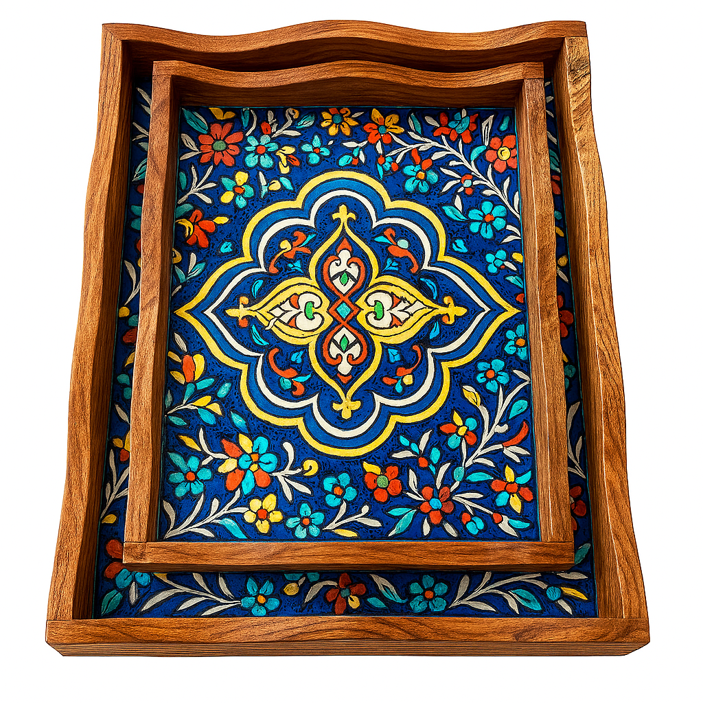 Handcrafted Wooden Trays – Floral Design, Set of 2