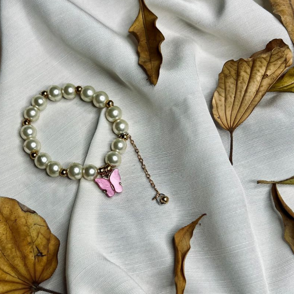 Bracelet for Girls, Faux Pearl Beaded Bracelet with Purple Butterfly