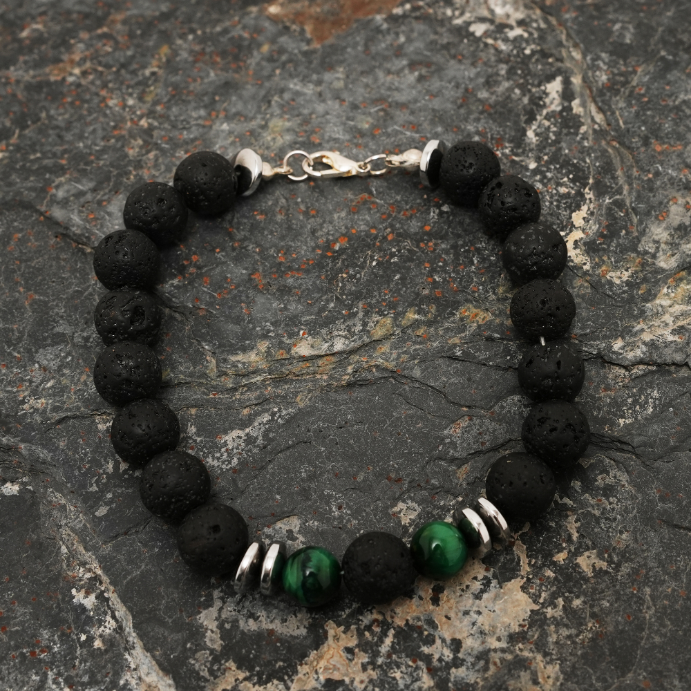 Handmade Lava Stone Bracelet for Men with Green Tiger Eye