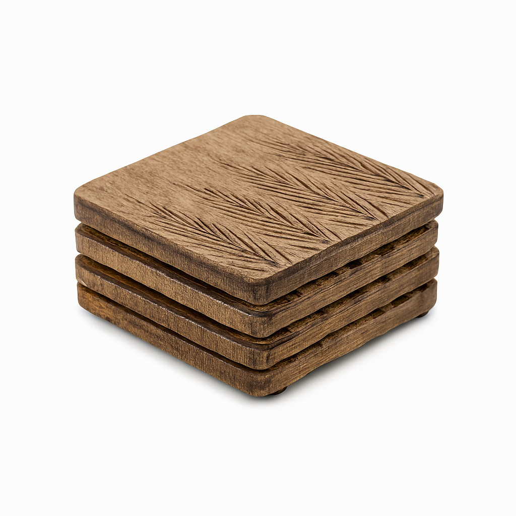Hand-Carved Wooden Coasters – Set of 4