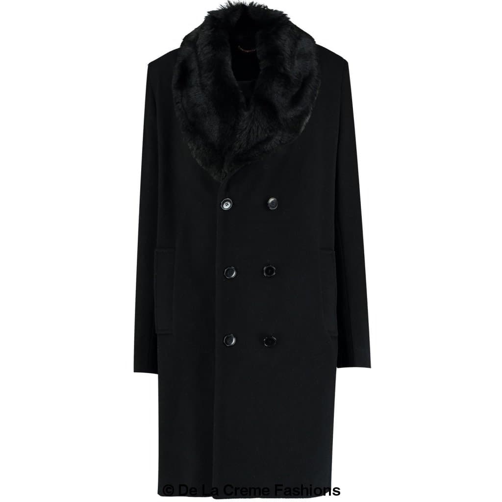 Mens Double Breasted Overcoat With Faux Fur Collar
