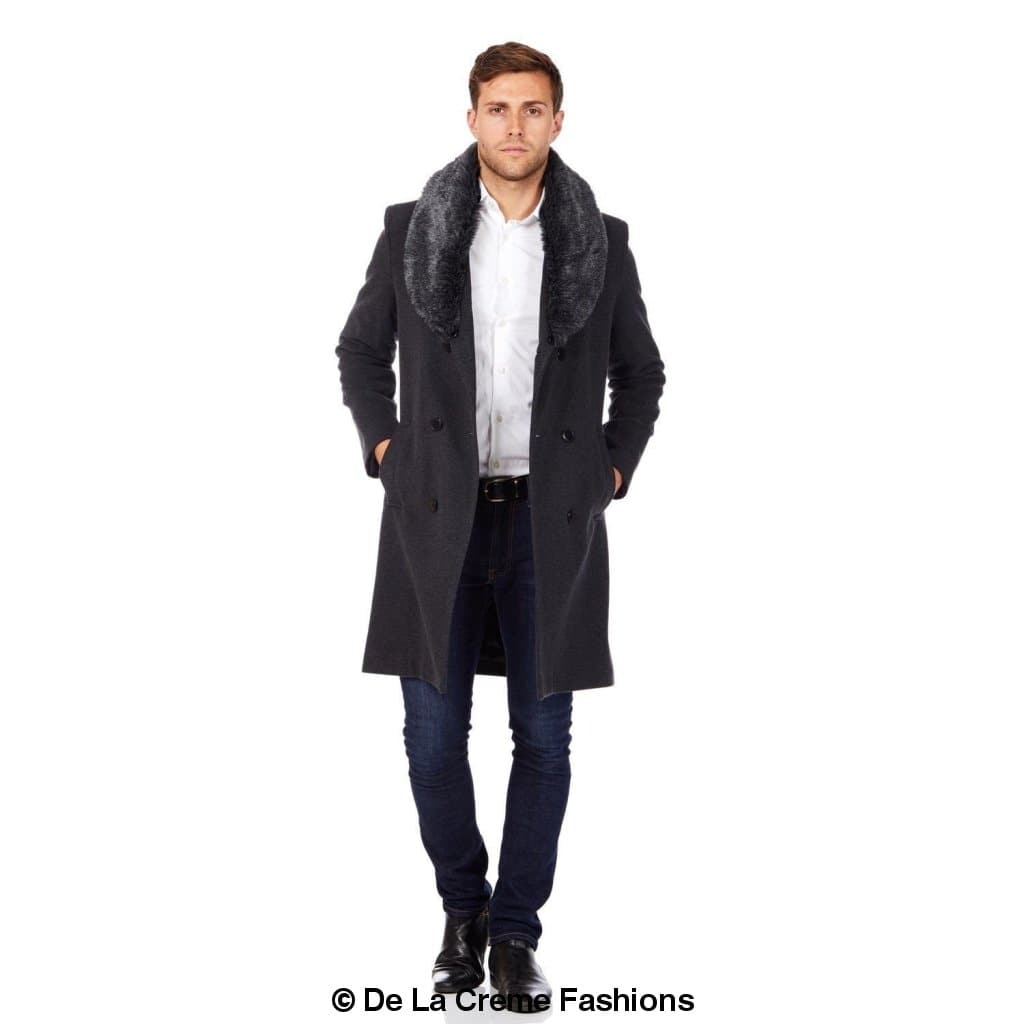 Mens Double Breasted Overcoat With Faux Fur Collar