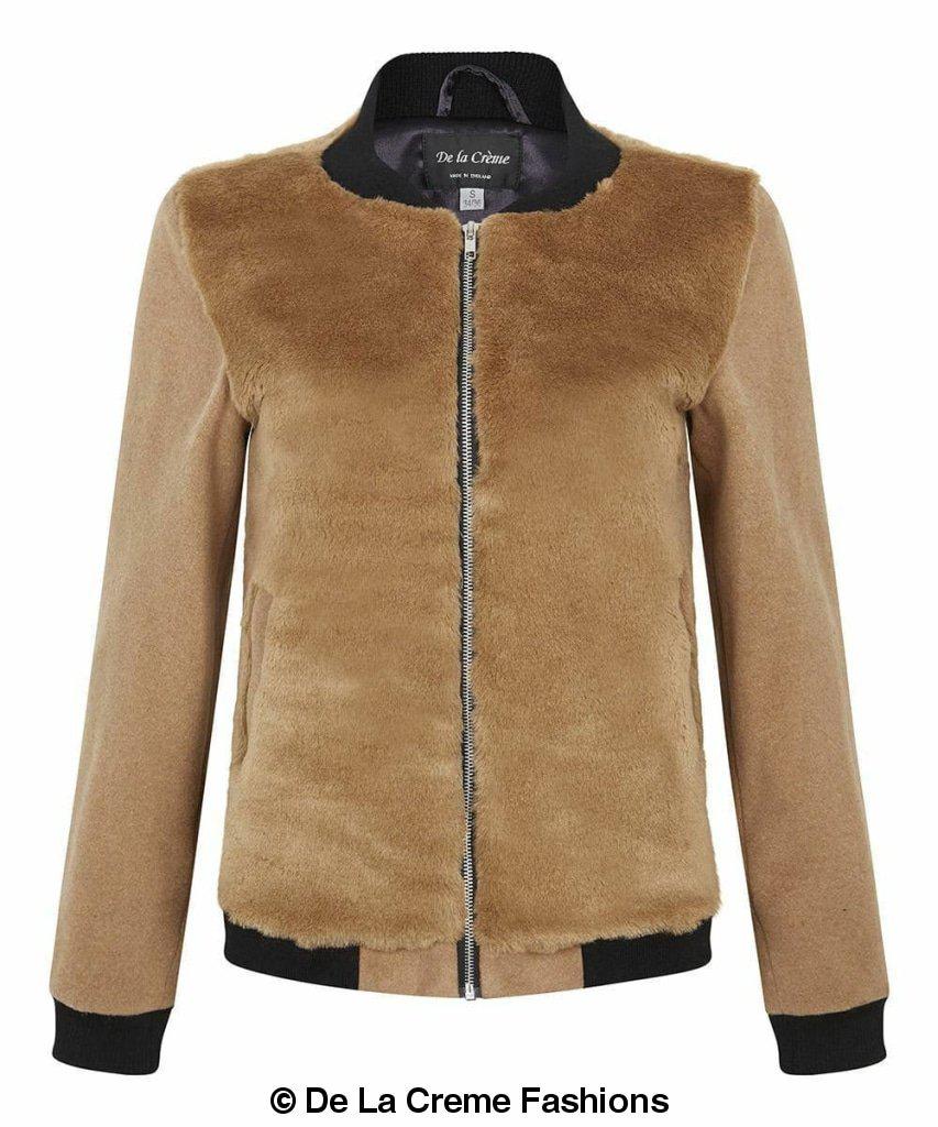 De La Creme - Womens Faux Fur Zip-Thru Varsity Bomber Jacket