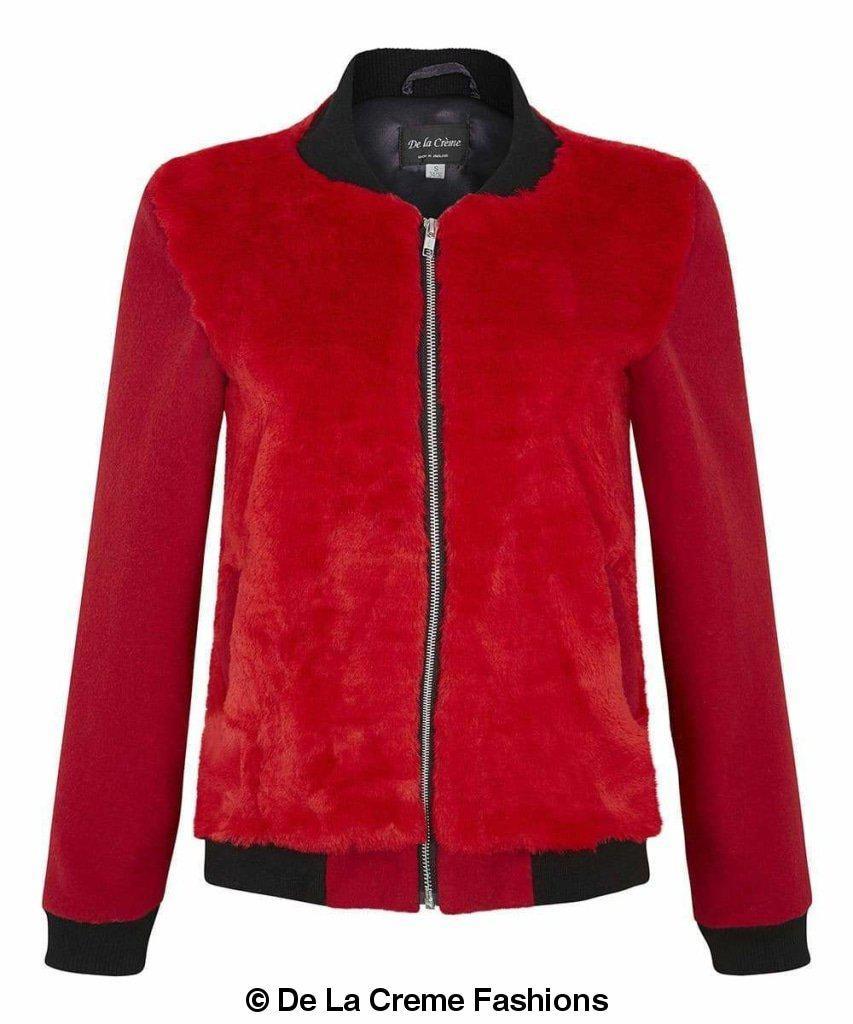 De La Creme - Womens Faux Fur Zip-Thru Varsity Bomber Jacket