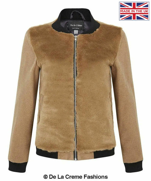 De La Creme - Womens Faux Fur Zip-Thru Varsity Bomber Jacket