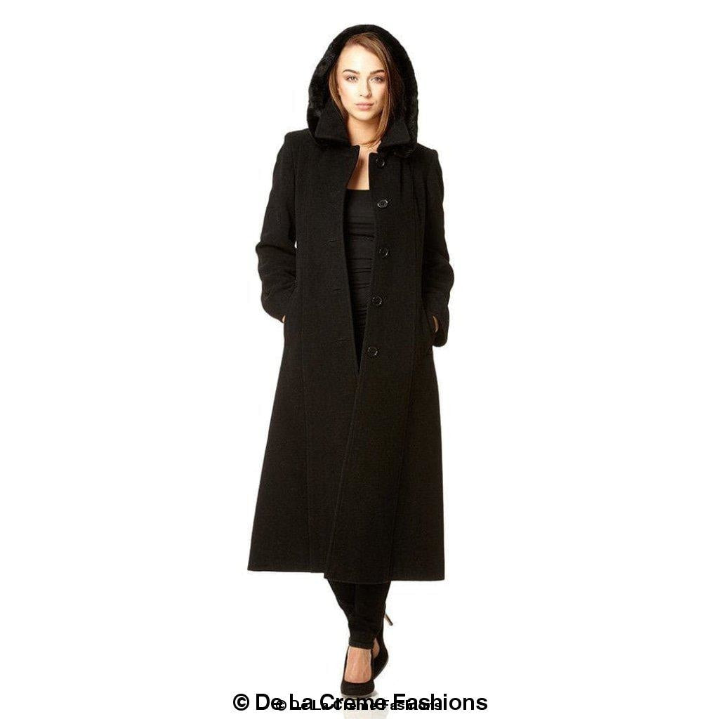 Wool Blend Faux Fur Trim Hooded Long Coat