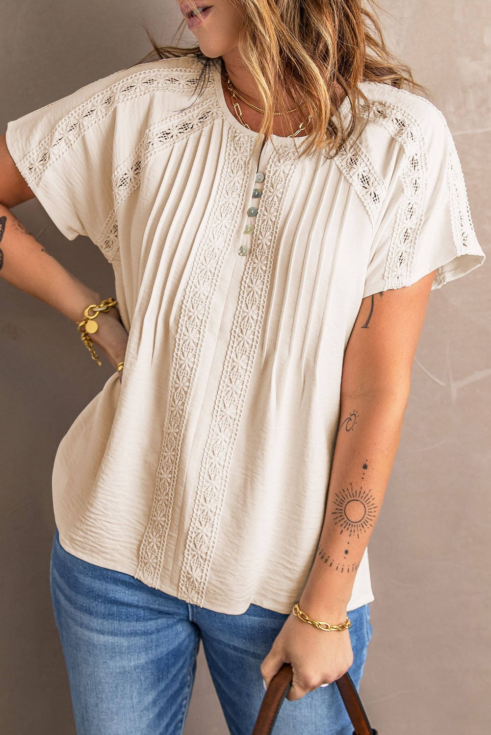 Apricot Crochet Eyelet Short Sleeves Top