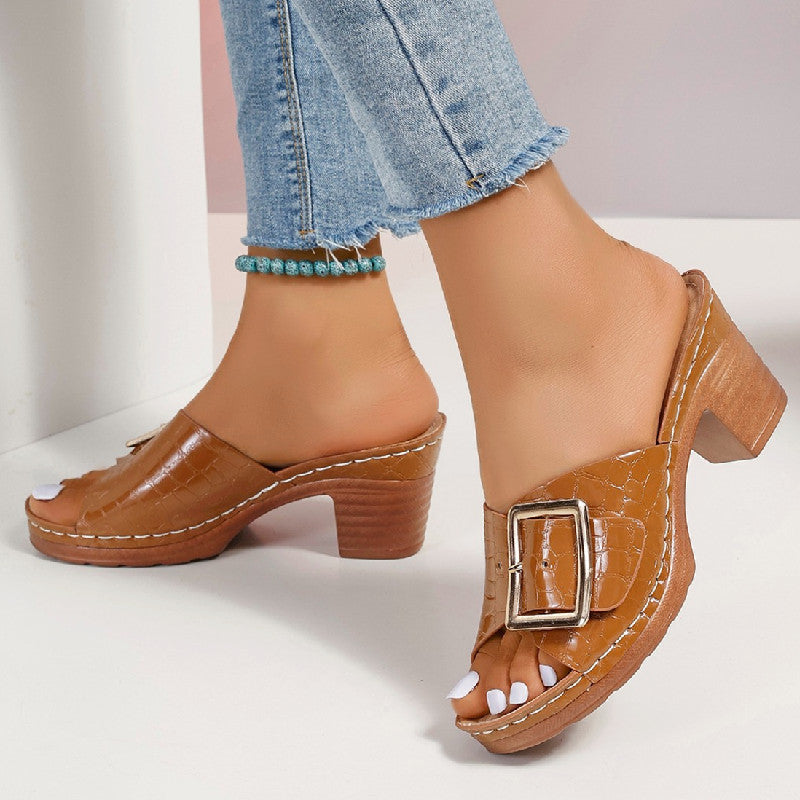Fashion Crocodile-textured Buckle Sandals Square Chunky Heel Peep-toe