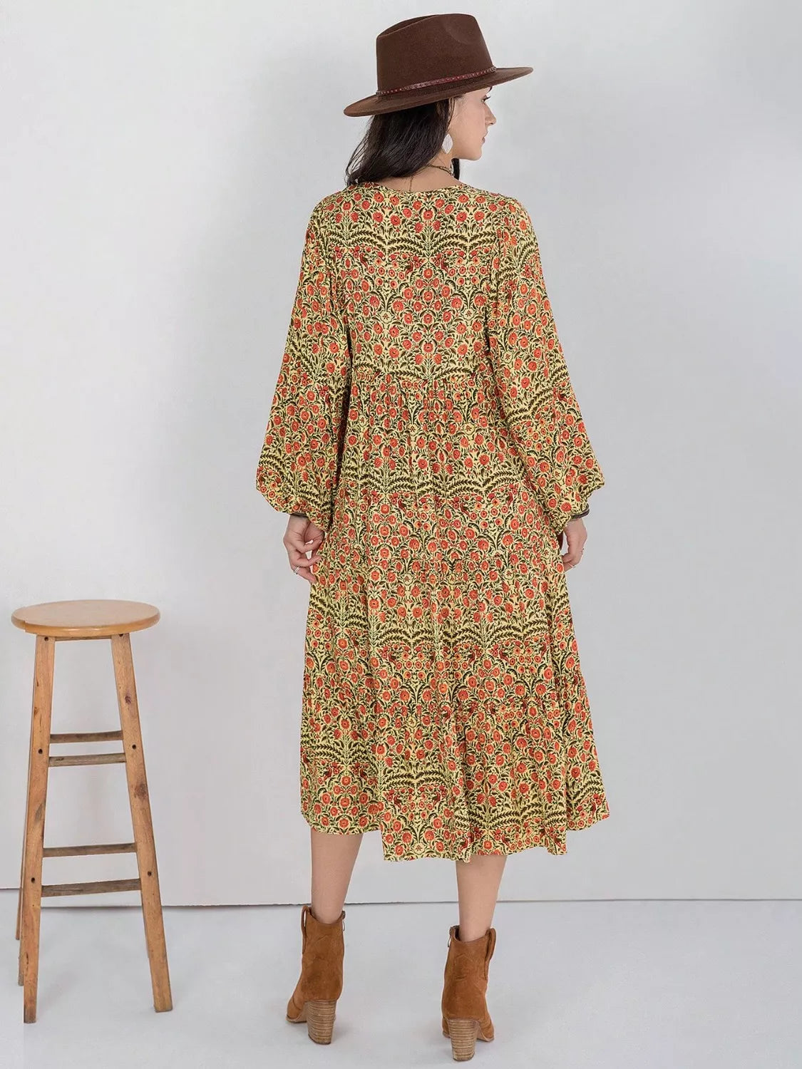 Floral Tiered Midi Dress with Balloon Sleeves