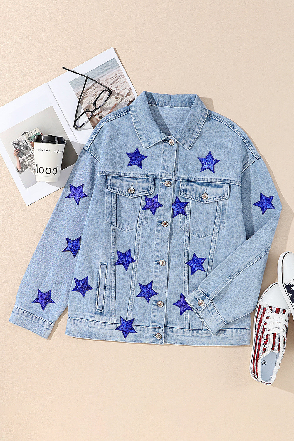 Light Blue Sequin Star Flap Pocket Denim Jacket
