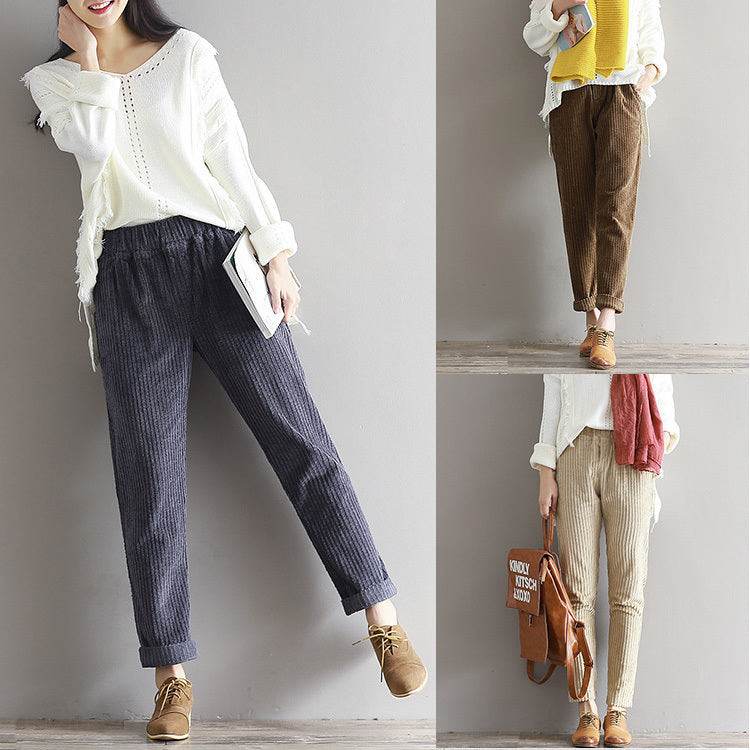 Large Size Women's Art Fan Xian Thin Corduroy Pants Autumn And Winter