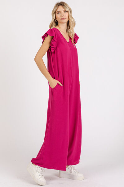 Mittoshop V-Neck Ruffled Cap Sleeve Jumpsuit - Wide Leg Design
