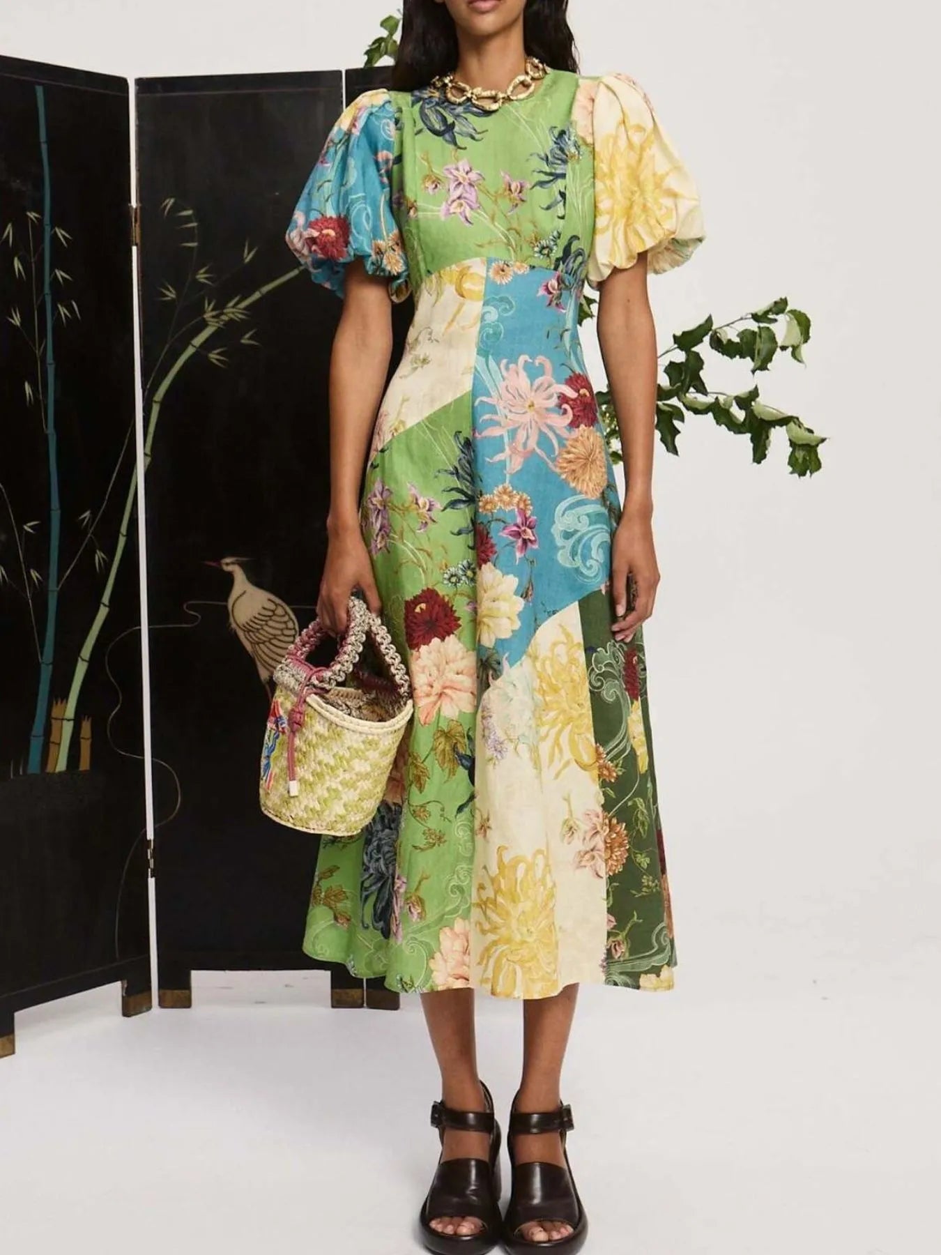 Printed Round Neck Puff Sleeve Dress