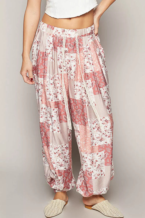 POL Drawstring Floral Patchwork Wide leg Pants